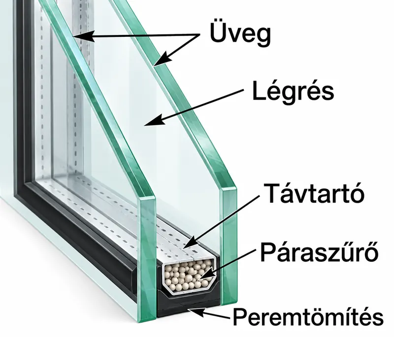 Hőszigetelő üveg keresztmetszete: üveg, légrés, távtartó, páraszűrő és peremtömítés