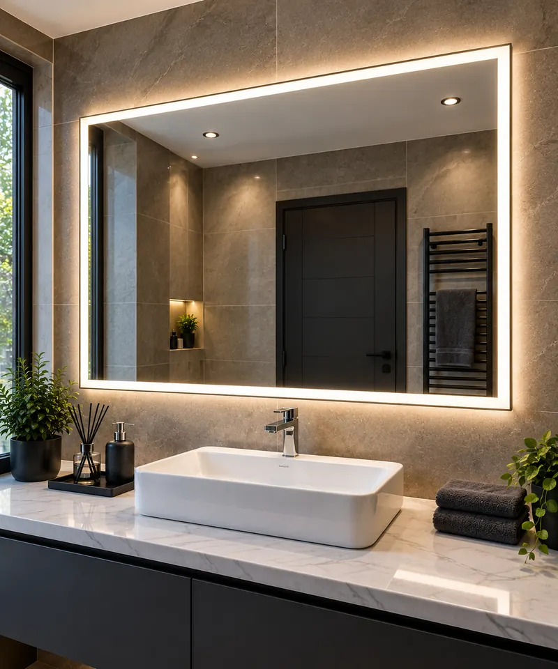 LED világítású tükör modern fürdőszobában